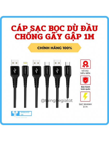 Cáp sạc bọc dù đầu chống gãy gập EC-121 dài 1M