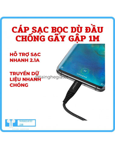 Cáp sạc bọc dù đầu chống gãy gập...