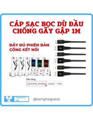 Cáp sạc bọc dù đầu chống gãy gập...