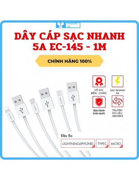 Dây Cáp Sạc 5A Dài 1M EC-145 hỗ trợ sạc nhanh 5A, truyền tải dữ liệu 480mb/s, bọc vải dù siêu bền