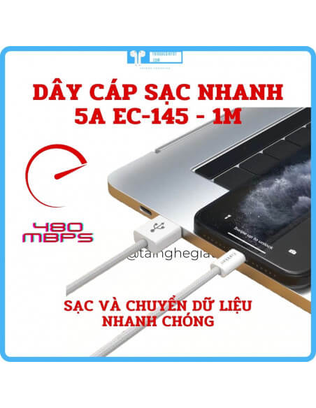 Dây Cáp Sạc 5A Dài 1M EC-145 hỗ trợ sạc nhanh 5A, truyền tải dữ liệu 480mb/s, bọc vải dù siêu bền