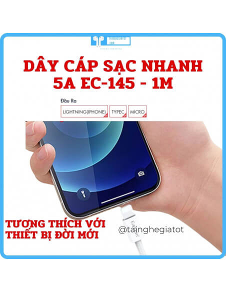 Dây Cáp Sạc 5A Dài 1M EC-145 hỗ trợ sạc nhanh 5A, truyền tải dữ liệu 480mb/s, bọc vải dù siêu bền