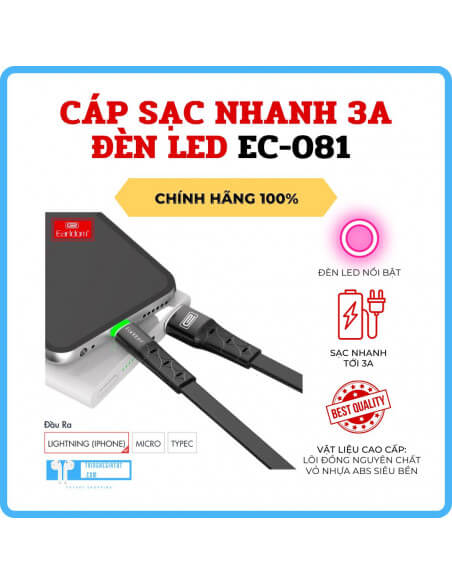 Cáp sạc nhanh 1m/2m cao cấp EARLDOM EC-081 3.0A có đèn báo LED, chống đứt gãy, nhựa cao cấp