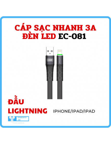 Cáp sạc nhanh 1m/2m cao cấp EARLDOM EC-081 3.0A có đèn báo LED, chống đứt gãy, nhựa cao cấp