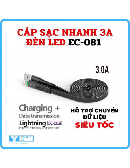Cáp sạc nhanh 1m/2m cao cấp EARLDOM EC-081 3.0A có đèn báo LED, chống đứt gãy, nhựa cao cấp