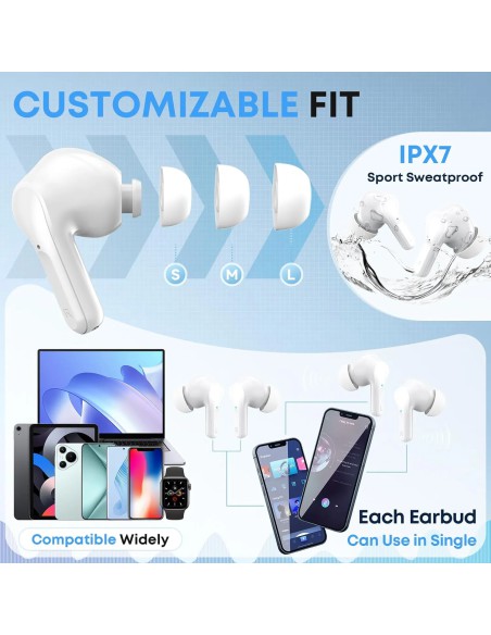 Wireless Earbuds, Bluetooth 5.4 Headphones HIFI Stereo/Crystal clear, White