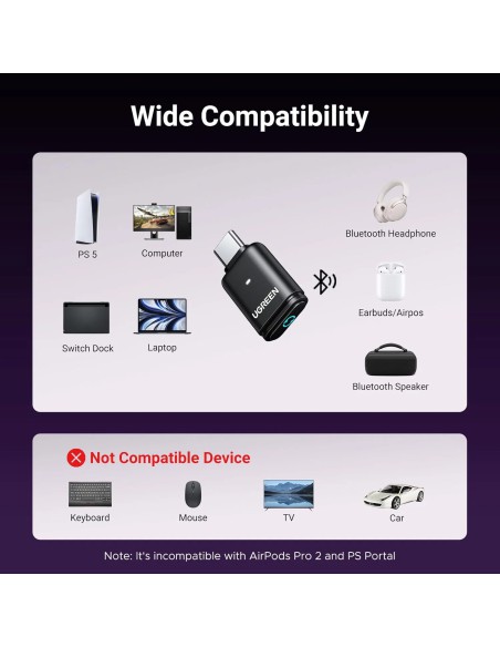 UGREEN 45008 USB-C Bluetooth Adapter for PS5 with aptX Low Latency