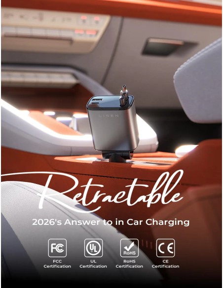 LISEN Retractable Car Charger 84W 4 trong 1, sạc nhanh USB-C PD