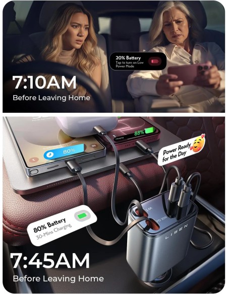 LISEN Retractable Car Charger 84W 4 trong 1, sạc nhanh USB-C PD