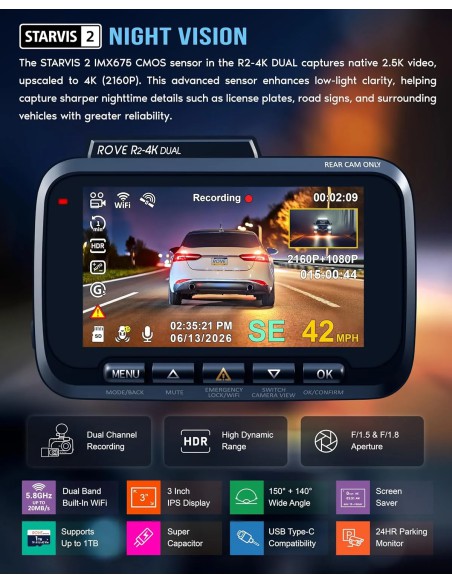 ROVE R2-4K Dual Front Rear Dash Cam, STARVIS 2, Free 128GB Card