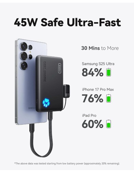INIU 10000mAh 45W Fast-Charging Power Bank with Detachable USB-C Cable