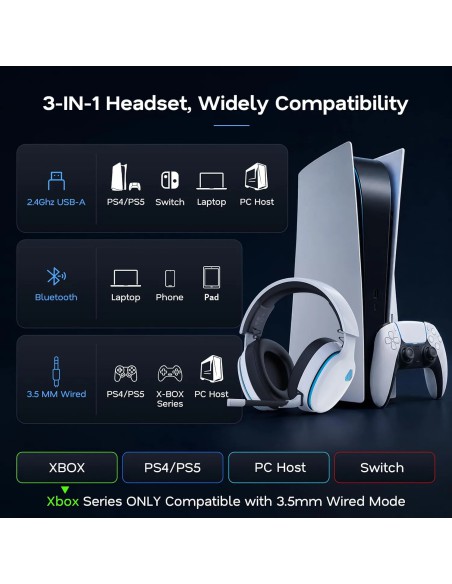 Tai nghe gaming không dây AOC ACG3506 2.4GHz, Bluetooth 6.0, pin 45 giờ, trắng