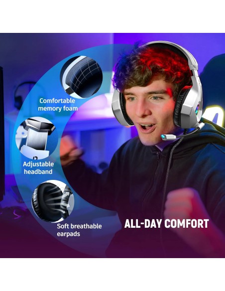 Ozeino Gaming Headset with 7.1 Surround, Noise-Canceling Mic, RGB LED, White