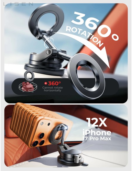 LISEN MagSafe Car Phone Mount with 3800gf Magnet and Vacuum Base