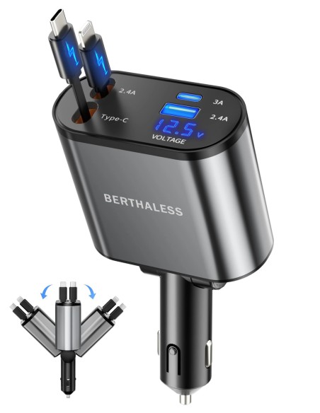 BERTHALESS Retractable Car Charger 4 in 1, Sạc Ô Tô USB-C USB-A