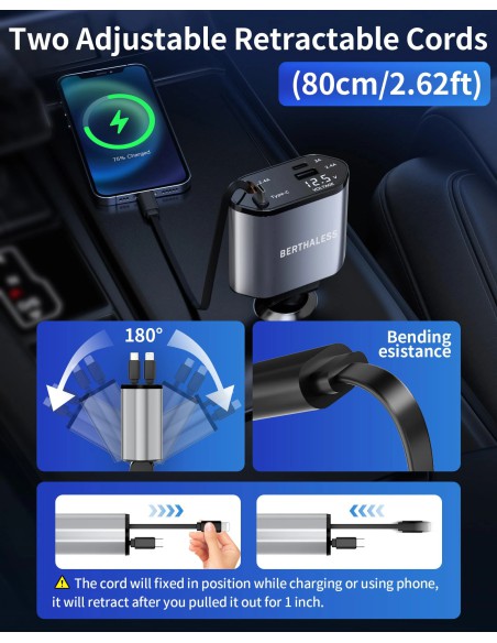 BERTHALESS Retractable Car Charger 4 in 1, Sạc Ô Tô USB-C USB-A