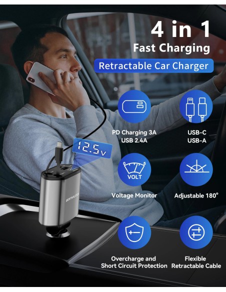 BERTHALESS Retractable Car Charger 4-in-1 with USB-C and USB-A