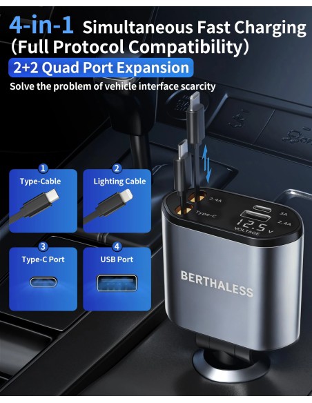 BERTHALESS Retractable Car Charger 4 in 1, Sạc Ô Tô USB-C USB-A