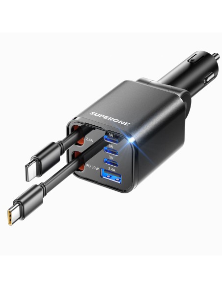 SUPERONE 99W Sạc Ô Tô 6 Trong 1, 2 Cáp Kéo Rút USB-C và Lightning