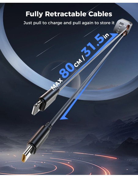 SUPERONE 99W Sạc Ô Tô 6 Trong 1, 2 Cáp Kéo Rút USB-C và Lightning