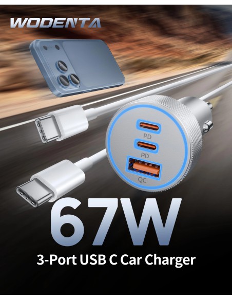 Bộ Sạc Ô Tô USB-C 67W 3 Cổng PD/QC Kèm Cáp 1m