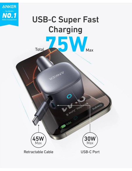 Anker 75W USB-C Car Charger with 45W Retractable Built-In Cable