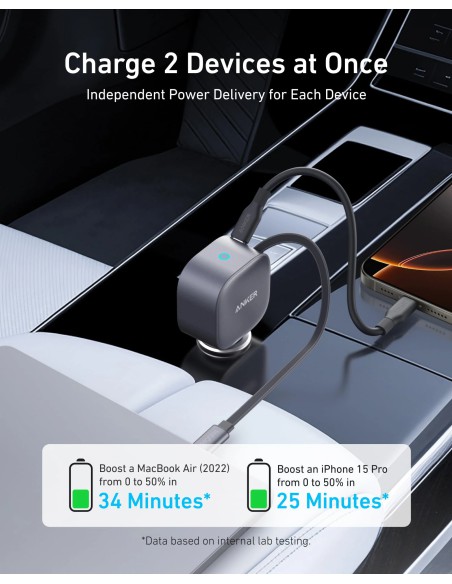 Anker 75W USB-C Car Charger with 45W Retractable Built-In Cable