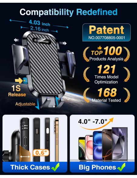 VANMASS Car Phone Holder 2026 with Strong Suction and Adjustable Clip