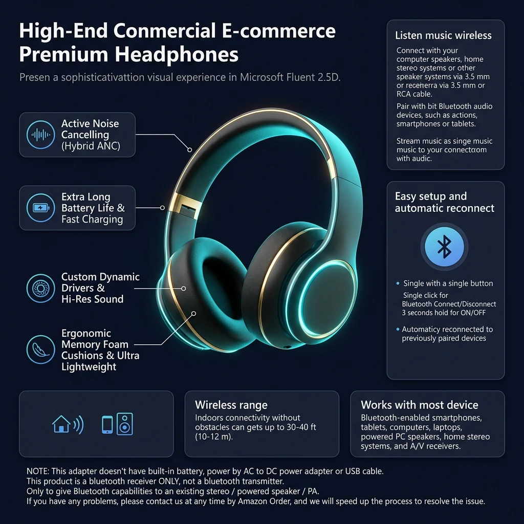 Technical specifications infographic for Esinkin Bluetooth Audio Adapter B016NUTG5K – Wireless Music Receiver