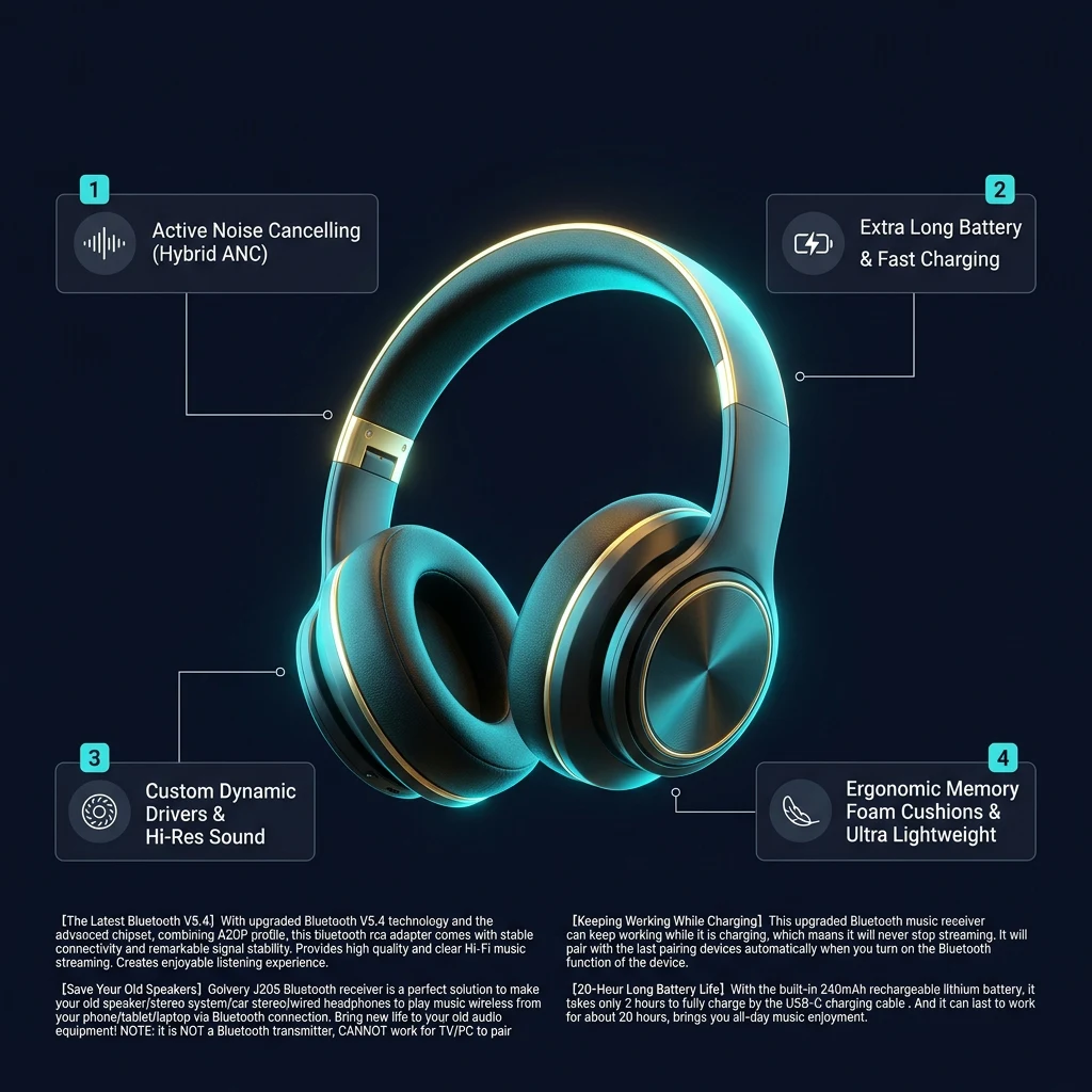 Infographic tổng quan thông số và tính năng Golvery J205 Bluetooth 5.4 Receiver AUX/RCA, pin 20 giờ