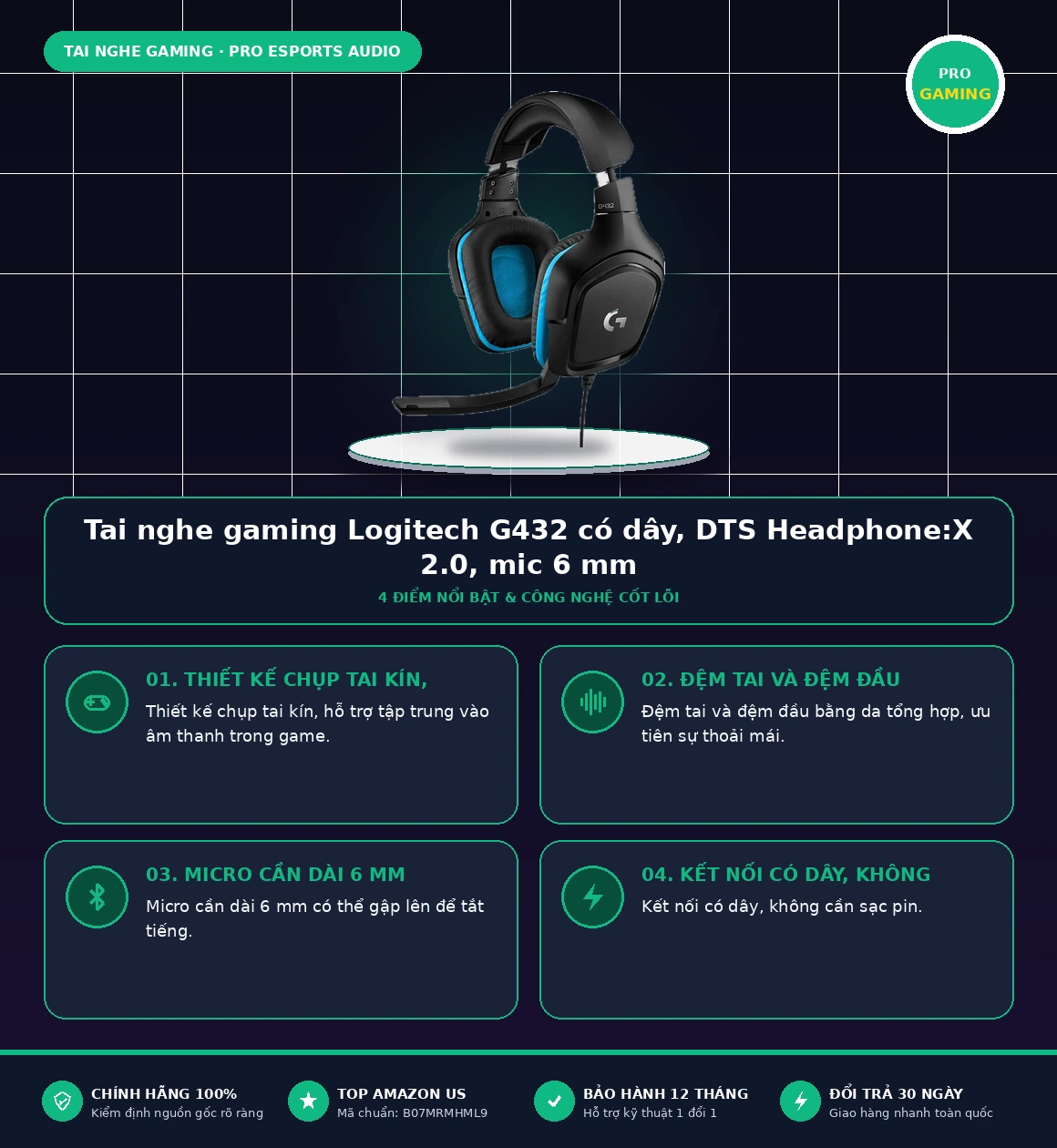 Infographic tổng quan thông số và tính năng Tai nghe gaming Logitech G432 có dây, DTS Headphone:X 2.0, mic 6 mm