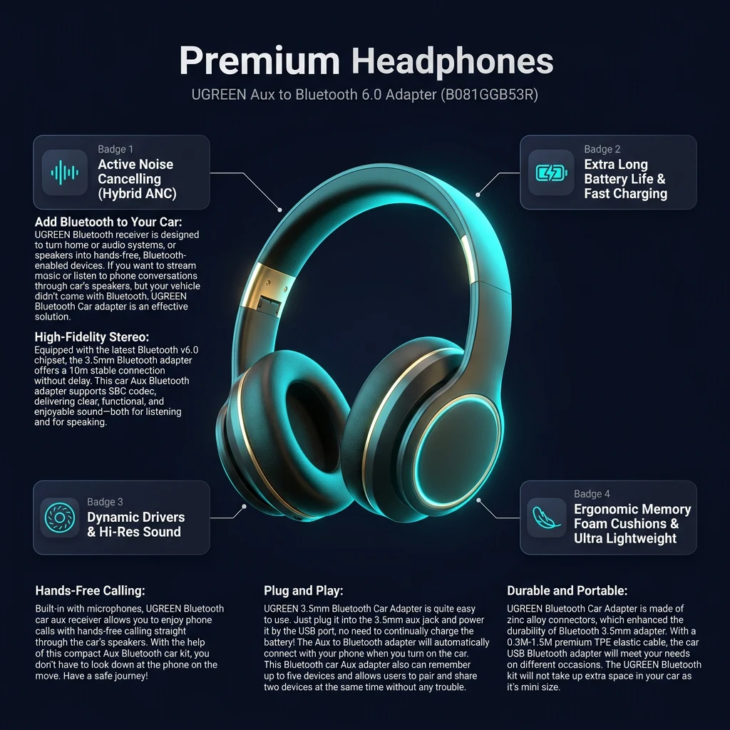 Technical specifications infographic for UGREEN Aux Bluetooth 6.0 Receiver 3.5mm with Microphone and USB Power