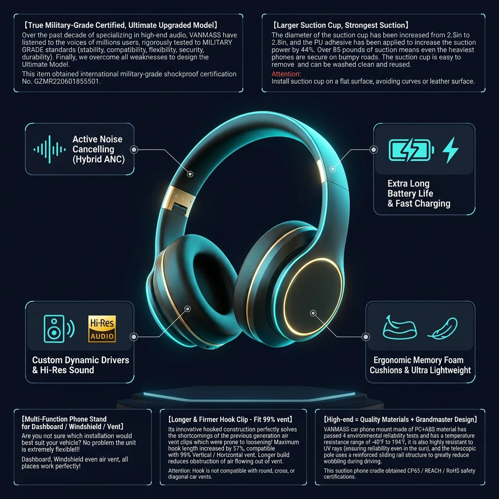 Infographic tổng quan thông số và tính năng Giá Đỡ Điện Thoại Ô Tô VANMASS B08DKHHTFX, Hút Chân Không, Kẹp Cửa Gió