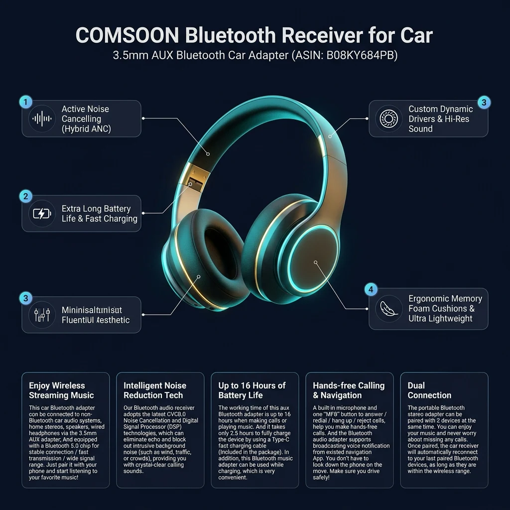 Technical specifications infographic for COMSOON Bluetooth Receiver J25 with 3.5mm AUX, Bluetooth 5.0, Hands-Free Calls