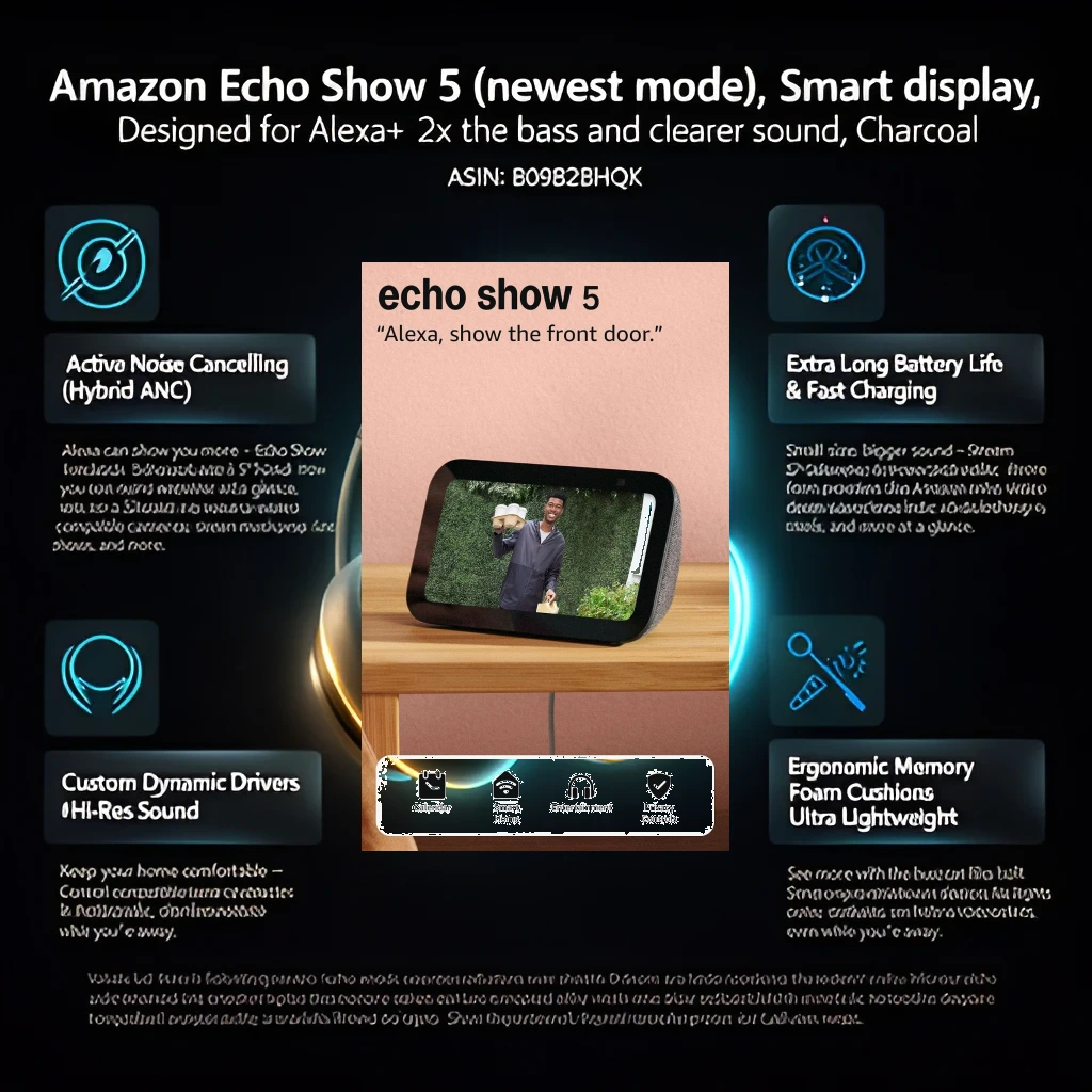 Infographic Amazon Echo Show 5 với màn hình 5,5 inch, camera 2 MP, loa bass sâu hơn và nút tắt mic camera