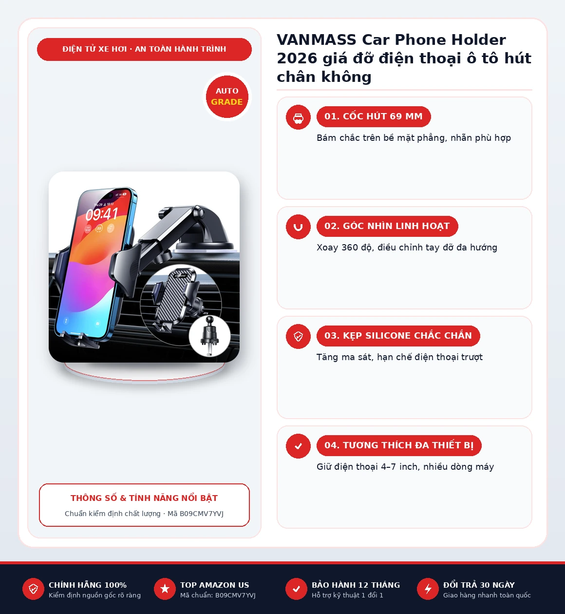 Infographic tổng quan thông số và tính năng VANMASS Car Phone Holder 2026 giá đỡ điện thoại ô tô hút chân không