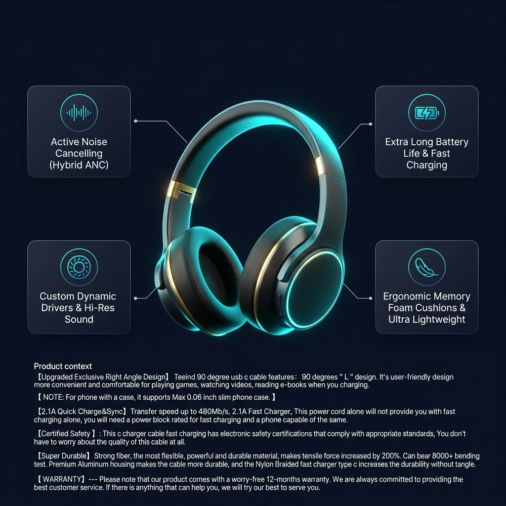 Technical specifications infographic for Teeind USB-C Cable 6ft 3-Pack, 90° Right Angle Nylon | Tai Nghe Giá Tốt