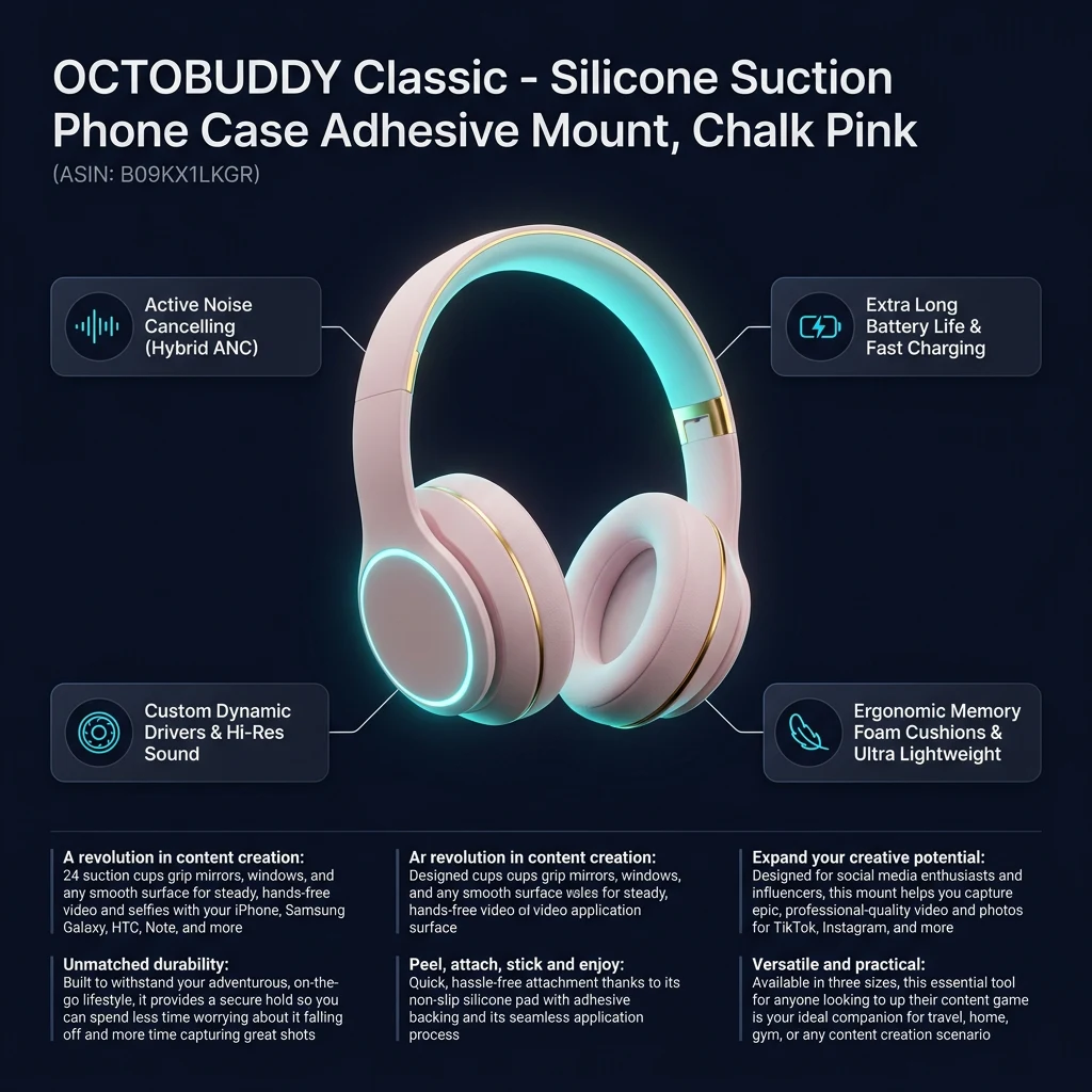 Technical specifications infographic for OCTOBUDDY Classic Chalk Pink – Silicone Suction Phone Mount