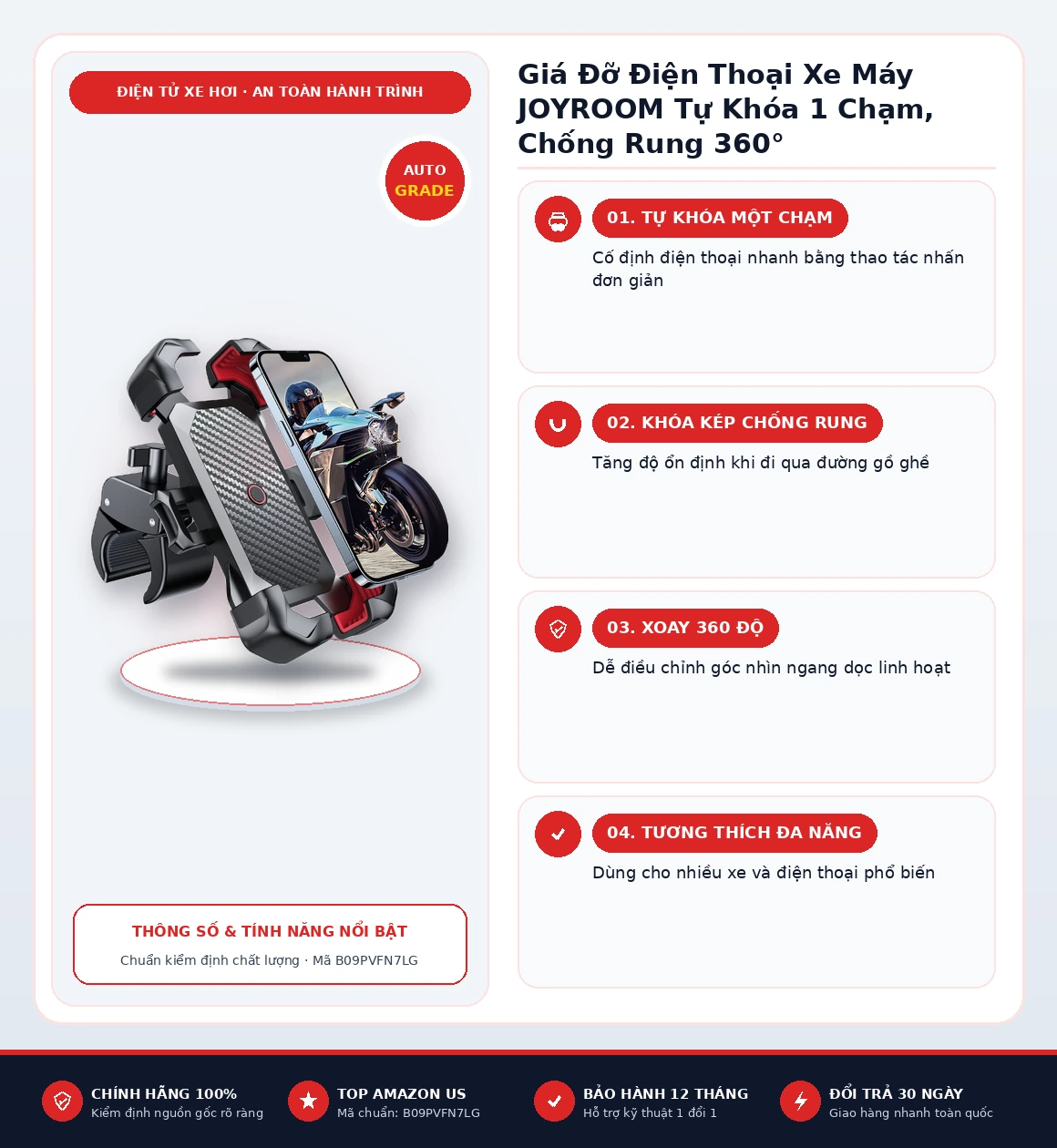 Infographic tổng quan thông số và tính năng Giá Đỡ Điện Thoại Xe Máy JOYROOM Tự Khóa 1 Chạm, Chống Rung 360°