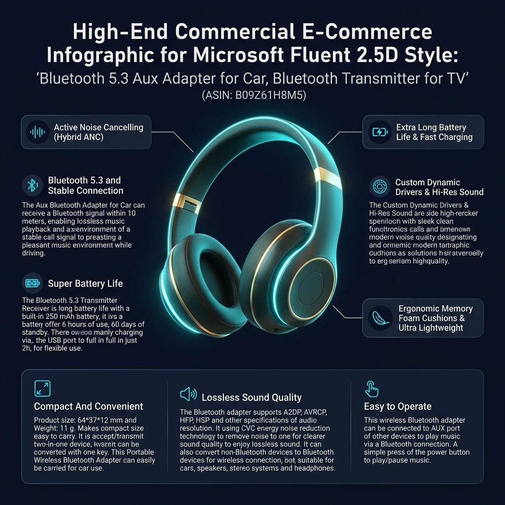 Infographic tổng quan thông số và tính năng Bluetooth 5.3 AUX Adapter B09Z61H8M5 2-in-1 Cho Ô Tô, TV