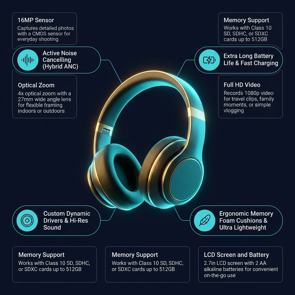 Infographic tổng quan thông số và tính năng KODAK PIXPRO FZ45 16MP – Máy Ảnh Compact Zoom Quang 4X, Quay Full HD