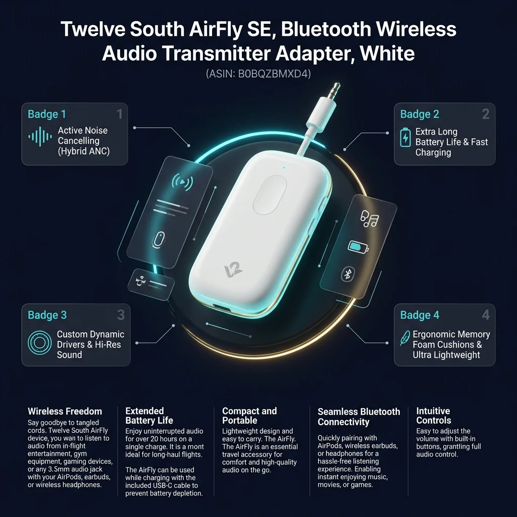 Technical specifications infographic for Twelve South AirFly SE Bluetooth Audio Transmitter, 3.5mm, White
