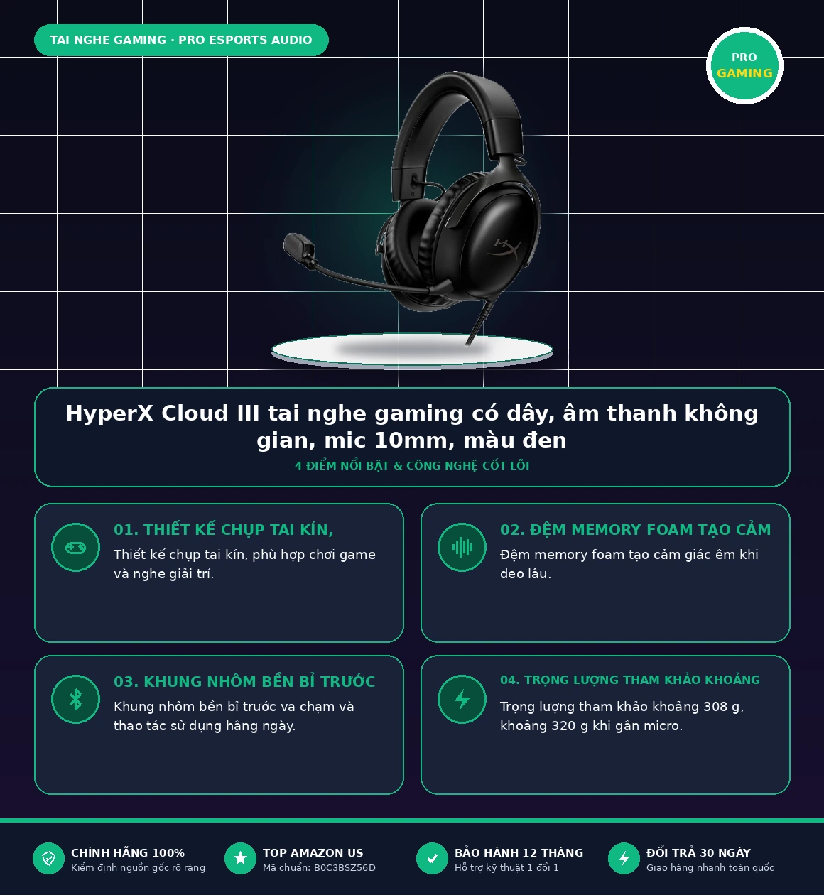 Infographic tổng quan thông số và tính năng HyperX Cloud III tai nghe gaming có dây, âm thanh không gian, mic 10mm, màu đen