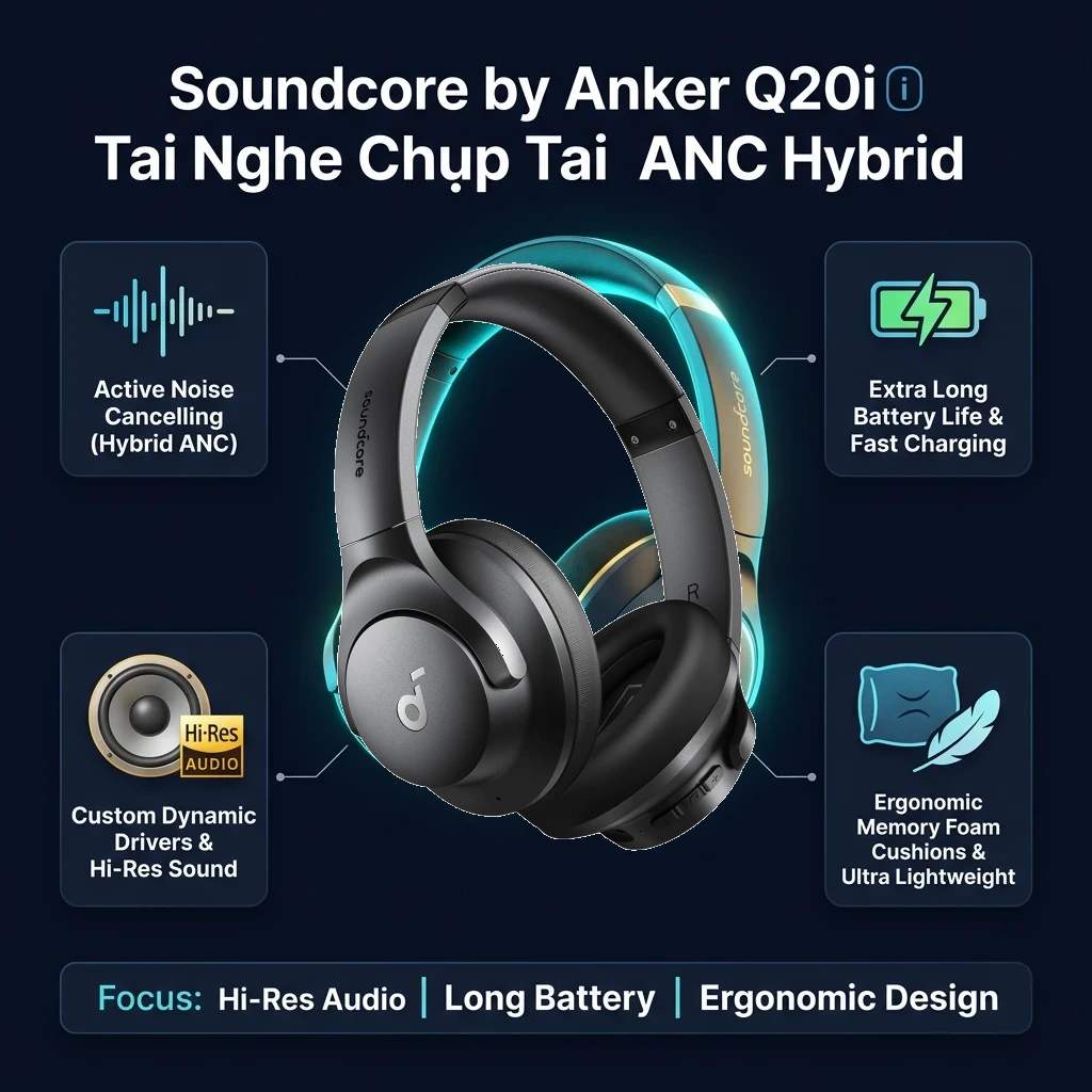 Infographic tổng quan thông số và tính năng Soundcore by Anker Q20i Tai Nghe Chụp Tai ANC Hybrid, Pin 40 Giờ