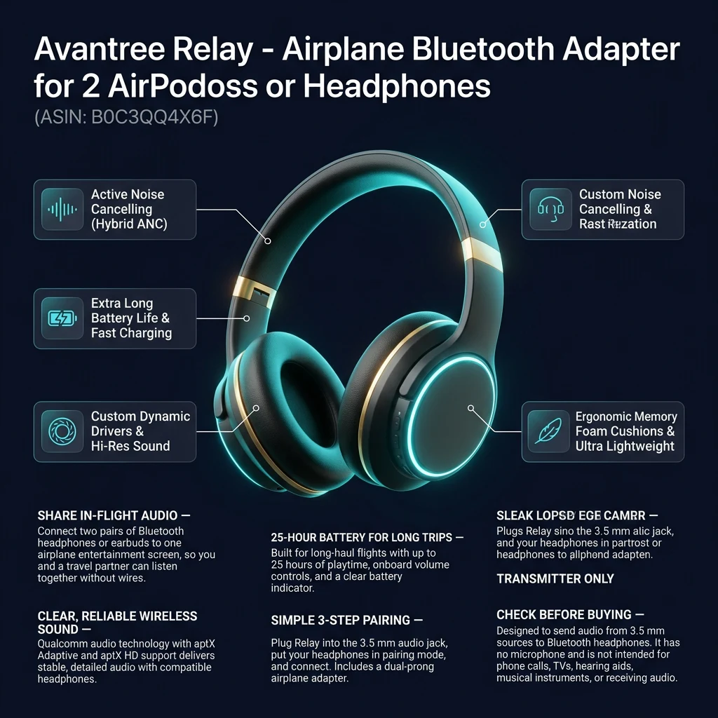 Infographic tổng quan thông số và tính năng Avantree Relay Bluetooth Adapter máy bay, kết nối 2 tai nghe