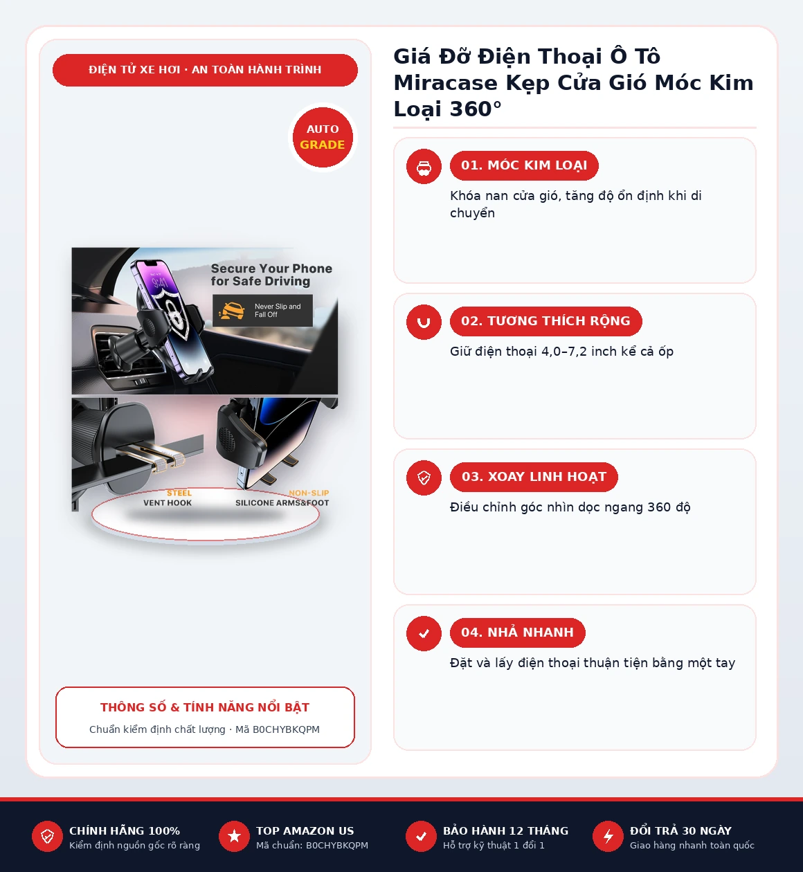 Infographic tổng quan thông số và tính năng Giá Đỡ Điện Thoại Ô Tô Miracase Kẹp Cửa Gió Móc Kim Loại 360°