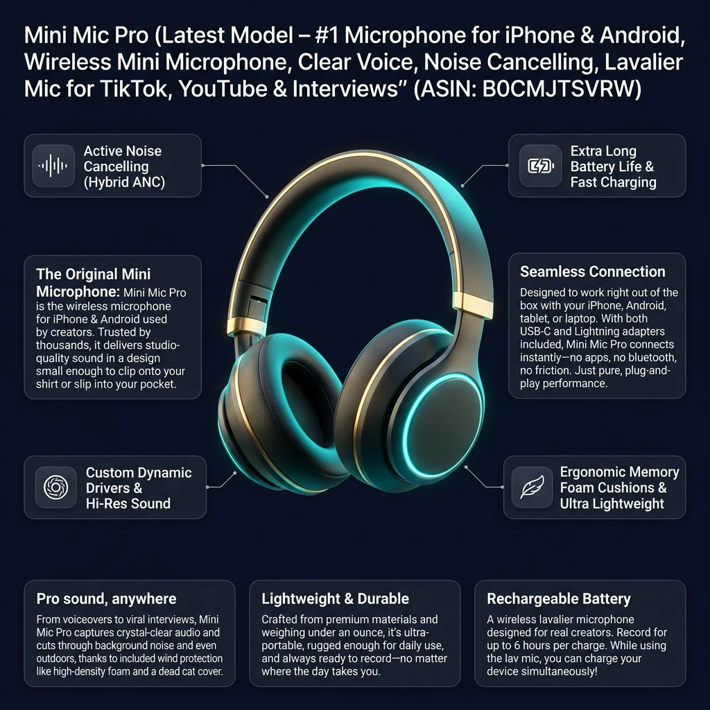 Technical specifications infographic for Mini Mic Pro Wireless Lavalier Microphone for iPhone & Android | Tai Nghe Giá Tốt