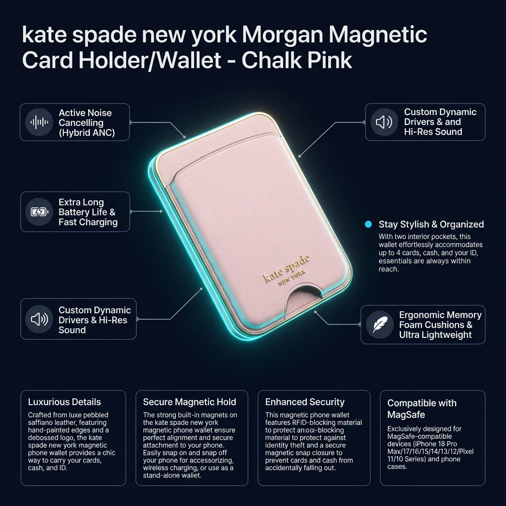 Infographic tổng quan thông số và tính năng Ví đựng thẻ nam châm kate spade Morgan MagSafe Chalk Pink