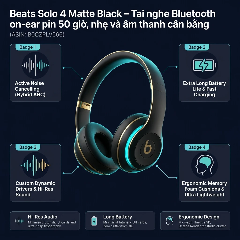 Infographic tổng quan thông số và tính năng Beats Solo 4 Matte Black – Tai nghe Bluetooth on-ear pin 50 giờ