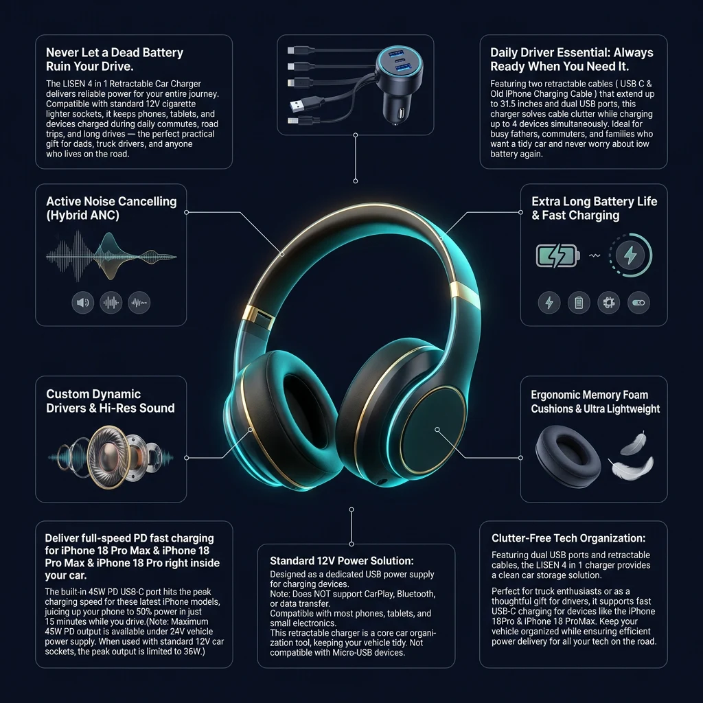 Technical specifications infographic for LISEN Retractable Car Charger 84W 4-in-1 with USB-C PD Fast Charging